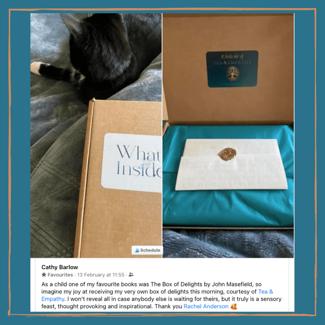 What's Inside testimonial - Cathy "As a child one of my favourite books was The Box of Delights by John Masefield, so imagine my joy at receiving my own box of delights this morning, courtesy of Tea & Empahy. It truly is a sensory feast, thought provoking and inspirational."