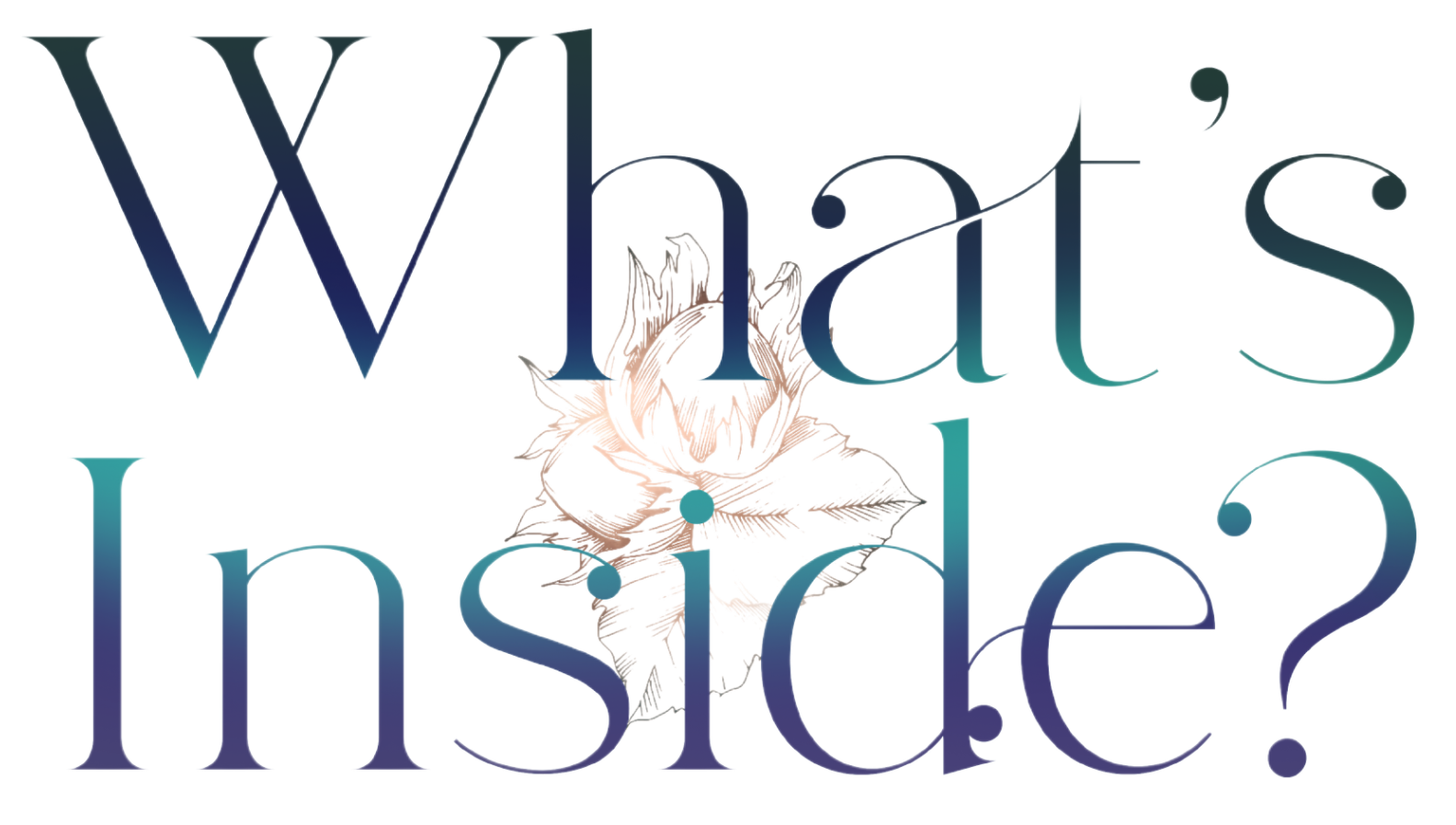 Text reads: "What's Inside?" in a gradient font transitioning from deep blue to teal. A delicate illustration of holly leaves and berries overlays part of the text, adding a festive touch. The design has a light, wintry feel.