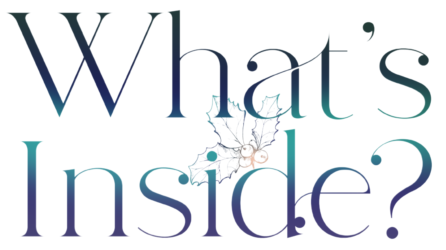 Text reads: "What's Inside?" in a gradient font transitioning from deep blue to teal. A delicate illustration of holly leaves and berries overlays part of the text, adding a festive touch. The design has a light, wintry feel.